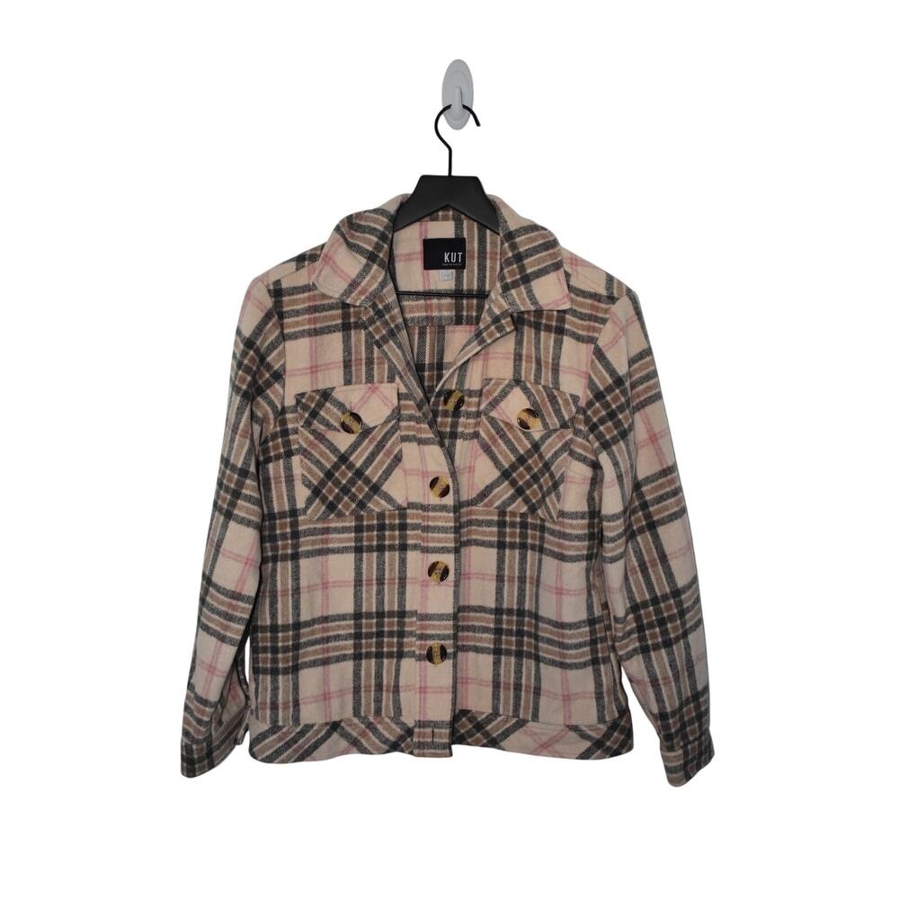 Kut from the Kloth Pink Tan Plaid Button Utility Jacket Sz S